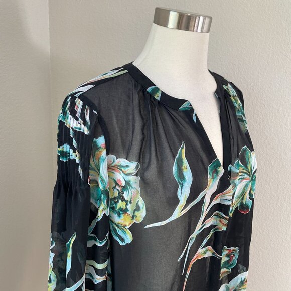 Chicos Womens 10 Blouse Sheer Black Floral Long Sleeve Button Up Shirt Top - Picture 2 of 11